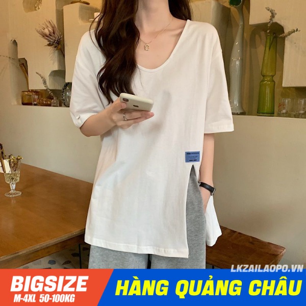 Áo thun ⚡️𝐁𝐈𝐆𝐒𝐈𝐙𝐄⚡️ Áo tiểu thư form rộng tay ngắn cổ chữ v xẻ tà mùa hè Phong cách Hàn Quốc Thời Trang tiểu thư cá tính xinh đẹp cho người mập béo