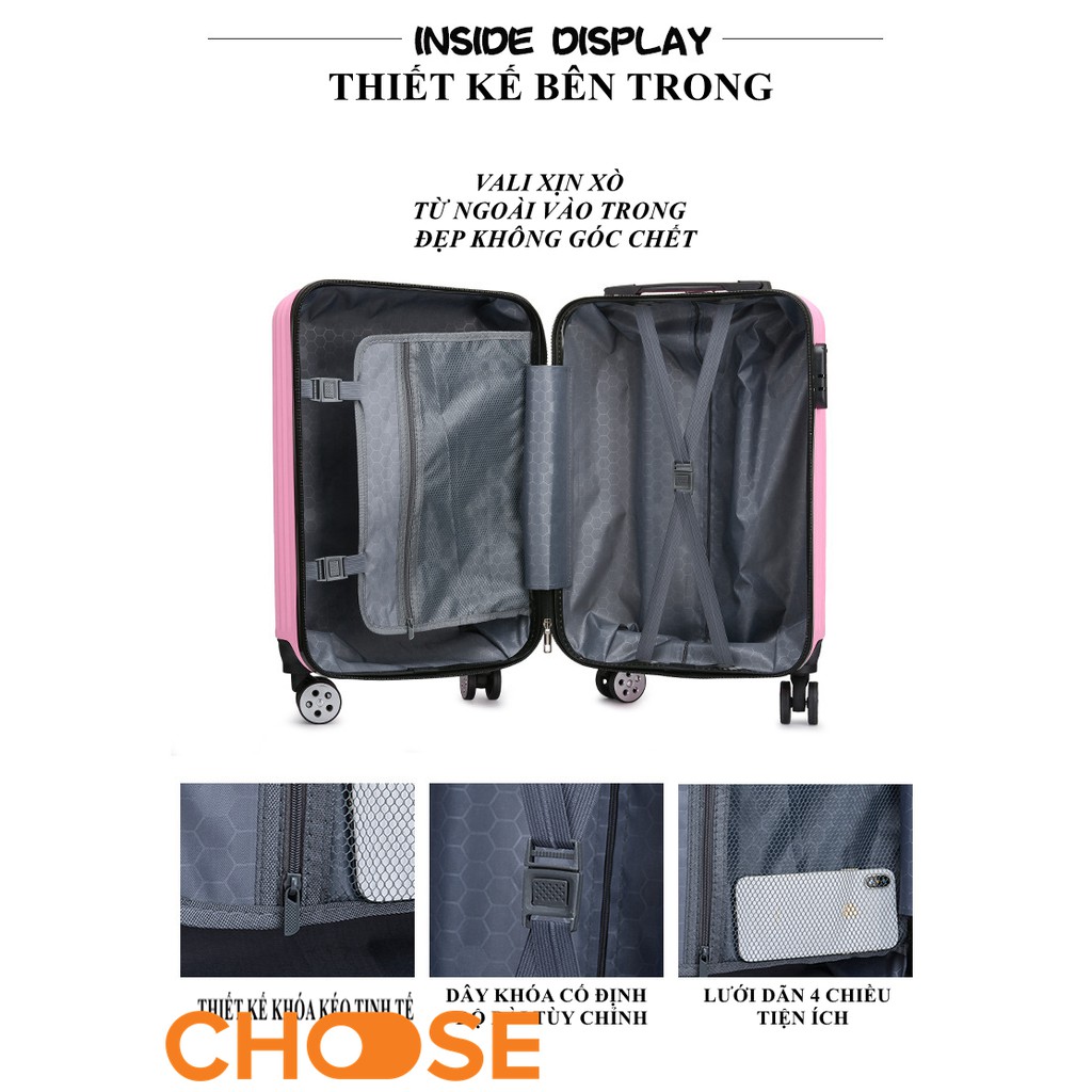 Vali Kéo Du Lịch Thời Trang Sọc Dọc Cao Cấp Choose Nhựa PC/ ABS Bền Bỉ Nhiều Size chống va đập trầy xước. Ship HOẢ TỐC