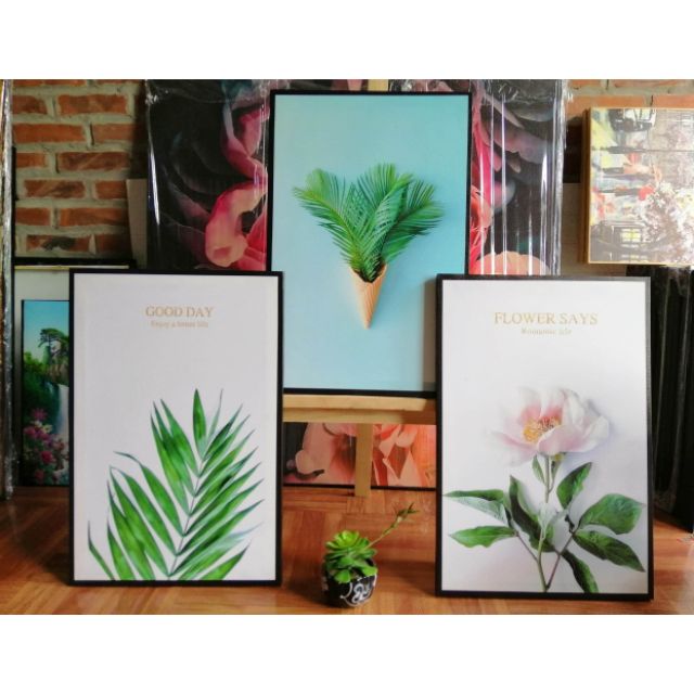 (Giá hủy diệt) ảnh thật Bộ ba tranh canvas khung gỗ 3D hoa lá cao cấp