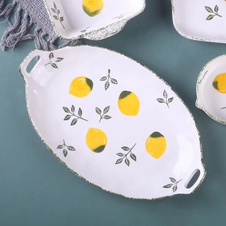(SẴN HÀNG) Đĩa sứ oval, đĩa cá vẽ tay hình dâu tây/chanh vàng - Khay oval sứ cao cấp không chì, hàng vẽ tay xuất Âu