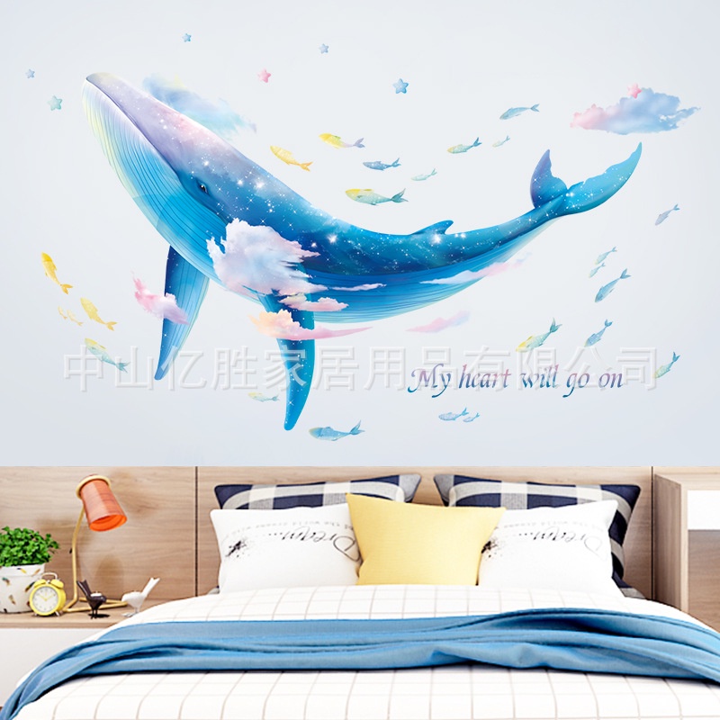 Tranh dán tường 3D Cá voi xanh KT 129.5x78cm, Decal trang trí phòng, Miếng dán trang trí phòng khách