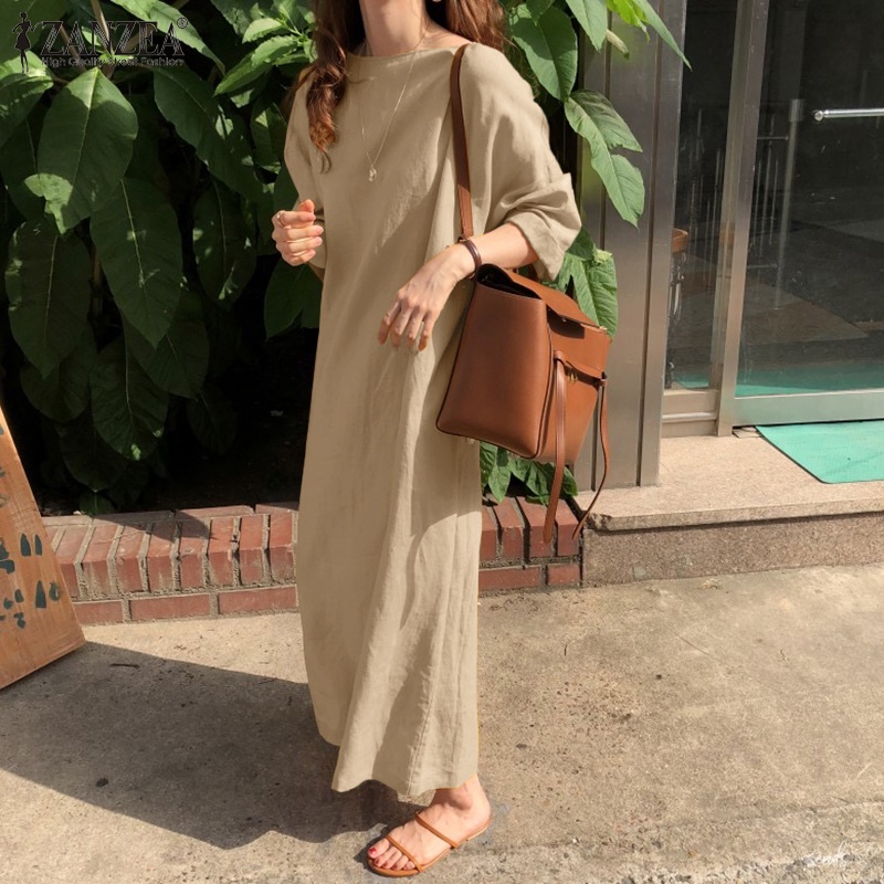 Đầm maxi ZANZEA tay dài cổ tròn màu trơn thời trang giản dị phong cách retro dành cho nữ