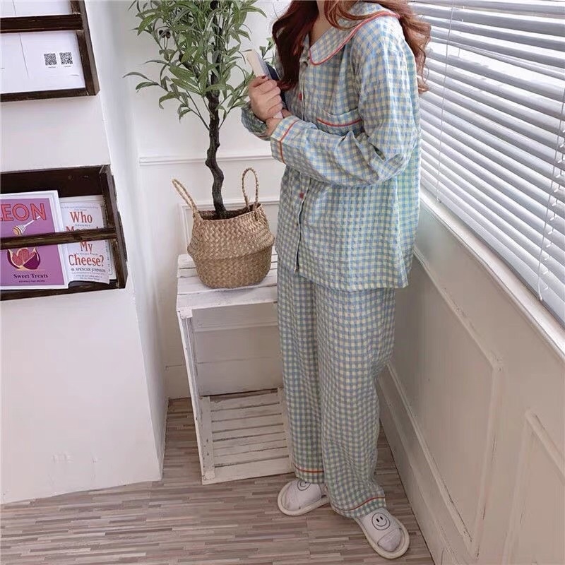 Đồ ngủ / Pijama mặc nhà kẻ caro MÙA HÈ hàn quốc ( có sẵn ) chất XỐP mát