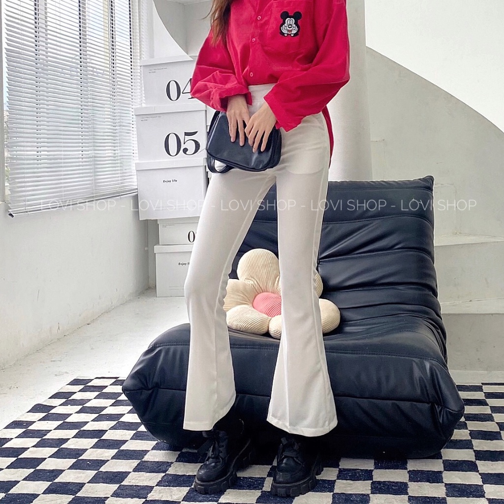 LOVI SHOP - Quần ống loe nữ khoá kéo hông thiết kế cao cấp hack chân tôn dáng 2 màu đen trắng chất vải Thun Mỹ Lovi