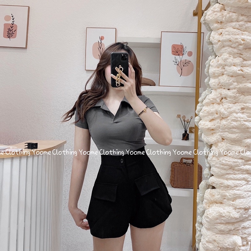 Áo croptop cổ bẻ polo đức cổ V chất cotton hàn cho nữ Yoomeclothing