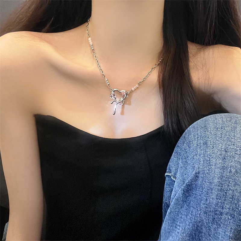 Vòng cổ Mặt Trái Tim Đính Đá zircon Màu Hồng Sang Trọng Phong Cách Hàn Quốc