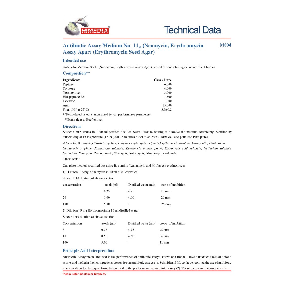 Môi trường kháng sinh Antibiotic Assay Medium No.11 (Neomycin, Erythromycin Assay Agar, Erythromycin Seed Agar M004-500G