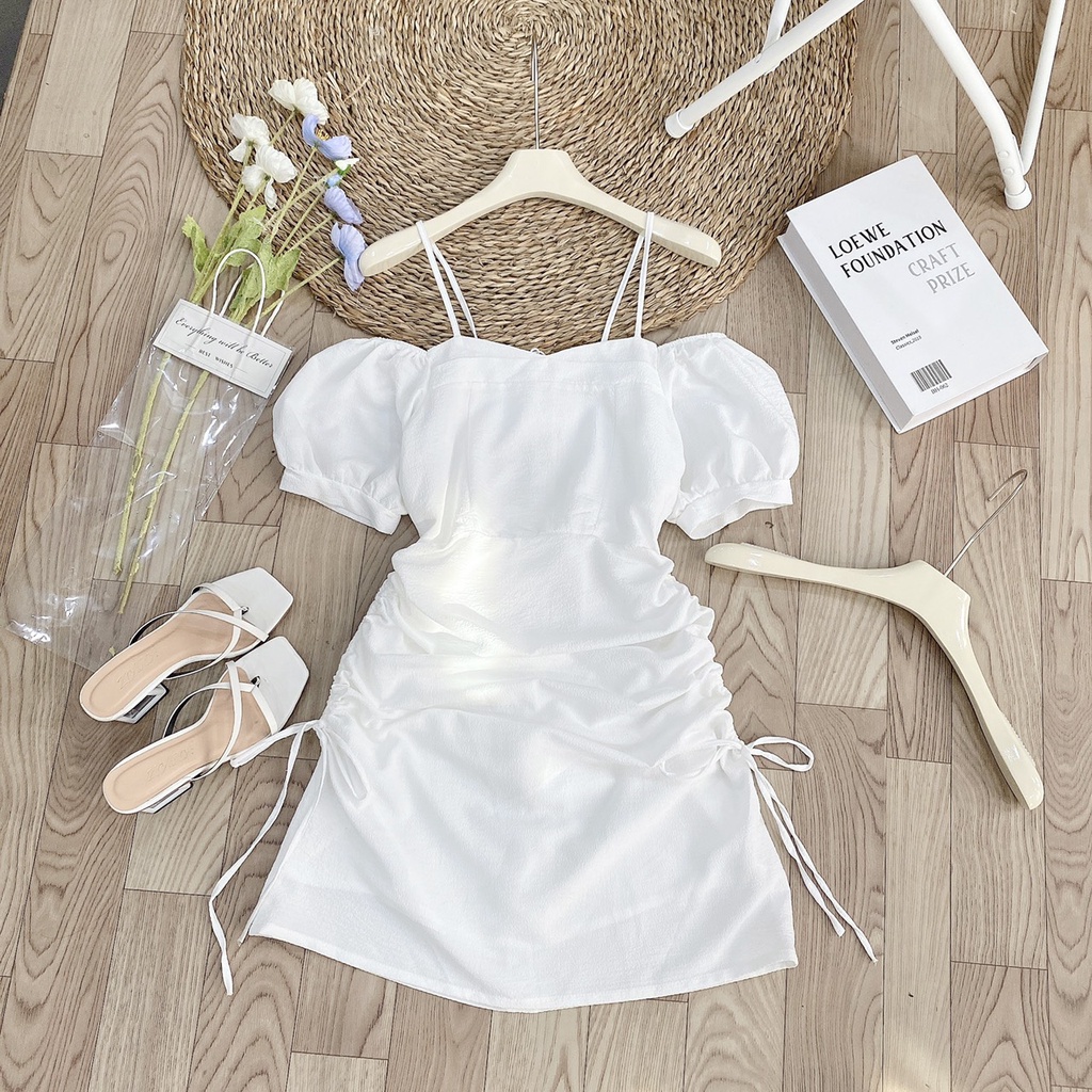 Váy trễ vai rút dây điều chỉnh độ dài ,đầm vải xốp hạt đẹp -Minxy shop