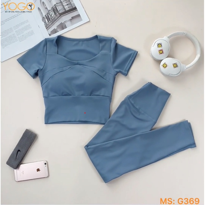 Bộ quần áo tập gym áo thun thể thao cộc tay quần legging dài cạp cao gen bụng nâng mông YOGO G369