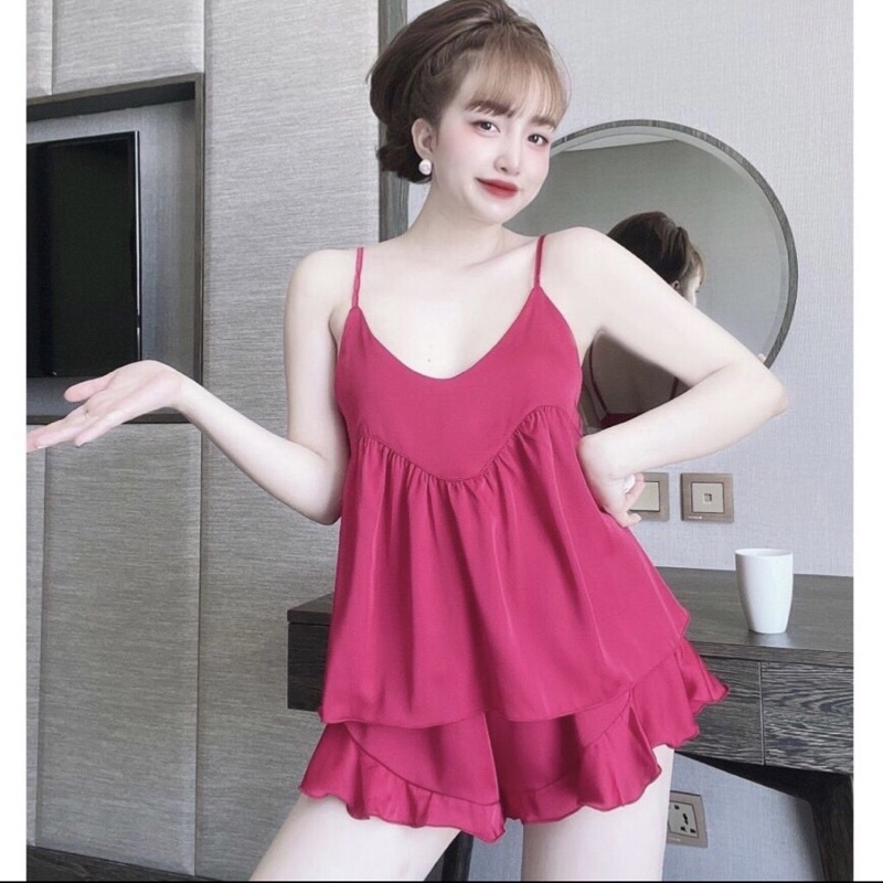 Đồ Ngủ Sexy- Bộ Ngủ 2 Dây Satin form 40-55kg( ảnh và video thật)