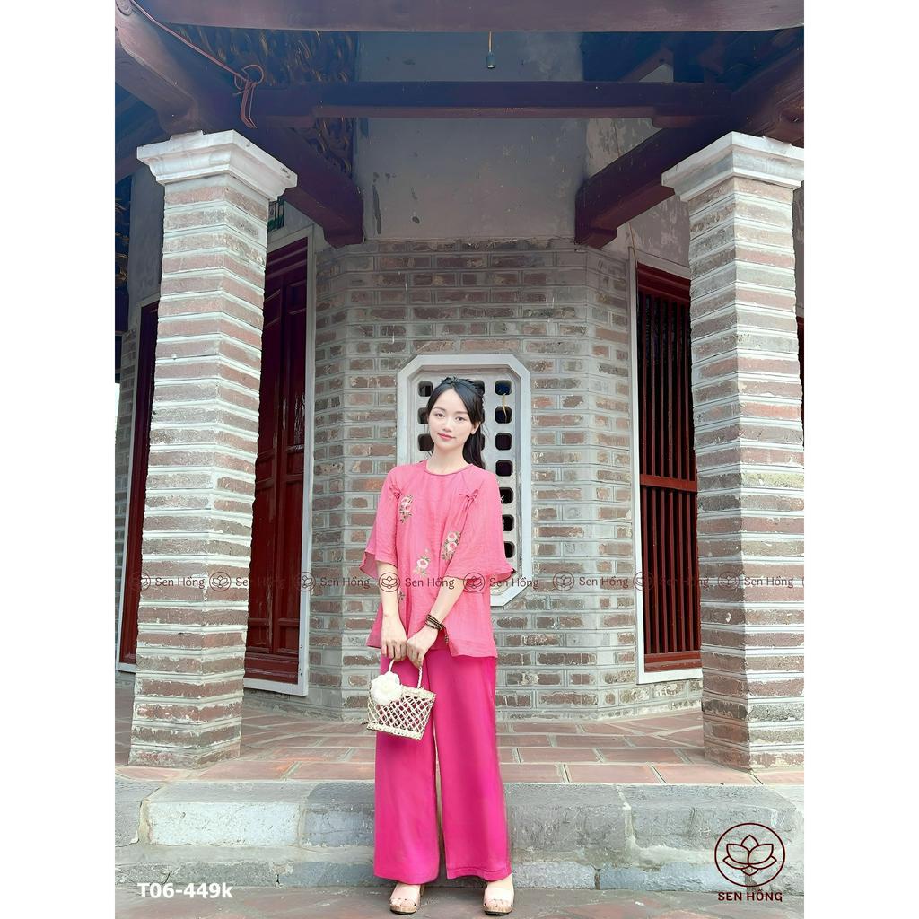 [MỚI] SET TRANG PHỤC PHẬT TỬ - Quần áo truyền thống nữ vải đũi tơ 2 lớp thêu hoa hồng - áo lam đi chùa đi chơi T06