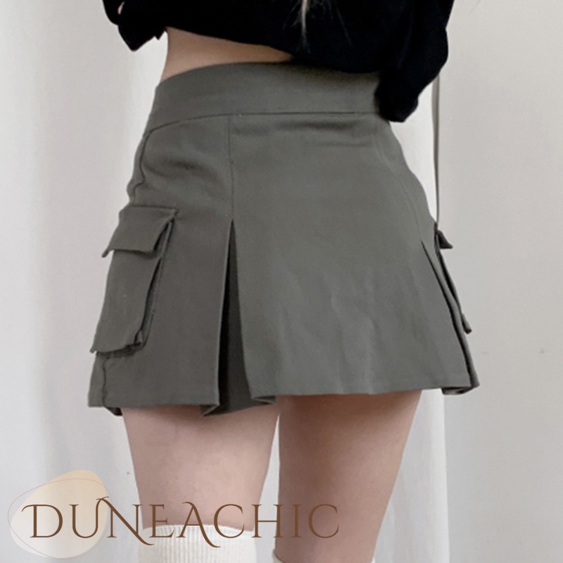 DUNEA Chân váy jean dáng chữ A lưng cao phối túi thời trang cá tính cho nữ