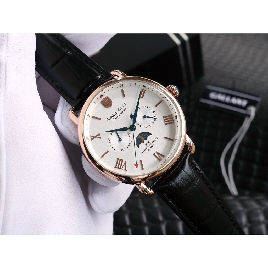 Đồng hồ nam Gallant moon phase dây da chính hãng chạy full 5 kim