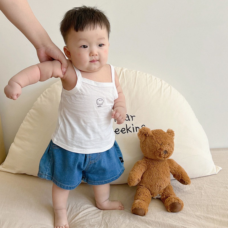 Áo Thun Sát Nách Vải Cotton Mỏng Thoải Mái In Chữ Và Mặt Cười Phong Cách Hàn Quốc Cho Nam Và Nữ