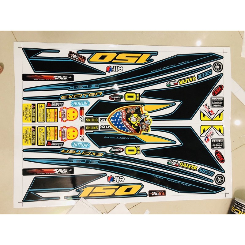 Trọn bộ Tem Rời ex 150 chỉ xanh dán xe đen 3 lớp ko bay màu