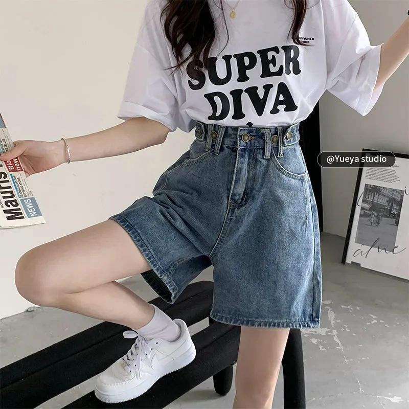 Jiashucheng Quần Short Denim Cạp Cao Ống Rộng Phong Cách Hàn Quốc Thời Trang Mùa Hè Hàng Mới