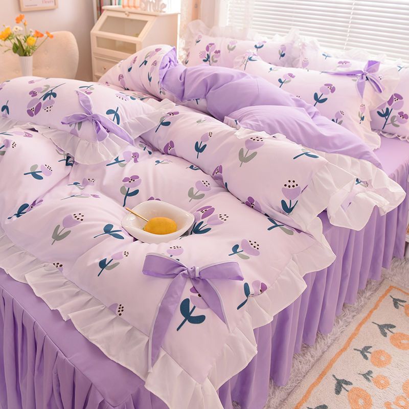 Bedding bed skirt four-piece set autumn and winter simple ins style princess style single bed three-piece set bed sheet quilt cover