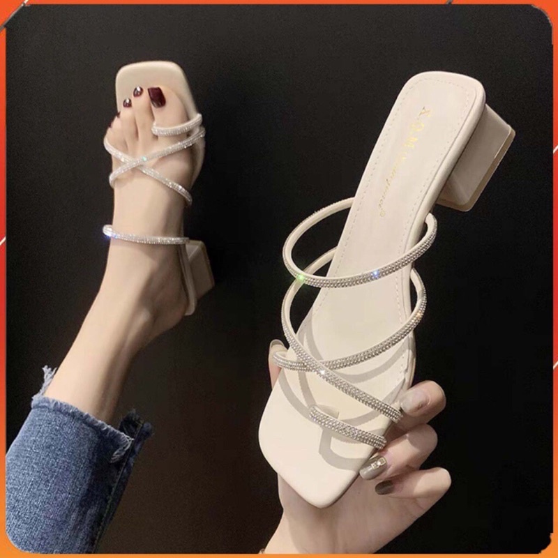 Sandal xỏ ngón đính đá  ,gót vuông 5 phân sang trọng dễ phối đồ cho chị em mã S06