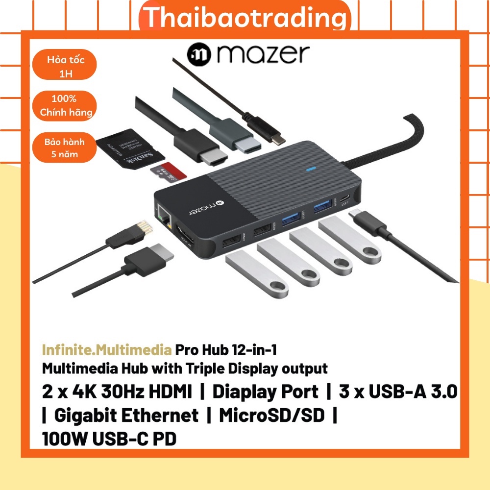 Hub chuyển đổi usb type c Mazer tích hợp đầu đọc thẻ nhớ và bộ chia cổng usb