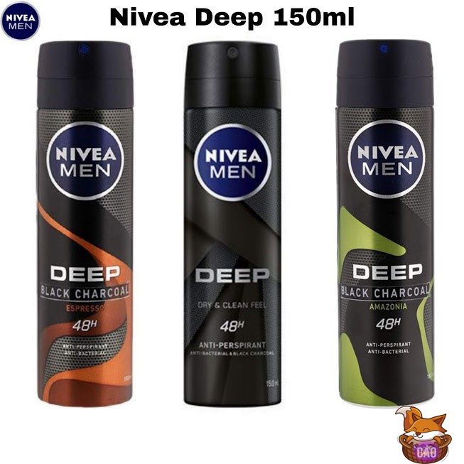 Bộ 3 chai xịt ngăn mùi Nivea Men than hoạt tính 150ml - Deep Espresso,Deep Amazonia,Deep Dry & Clean Feel
