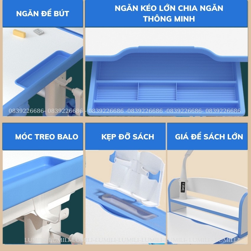 bàn học có giá sách cho bé Lumili R9 Premium chống gù chống cận, bàn học kèm kệ sách cho bé, phù hợp cho học sinh