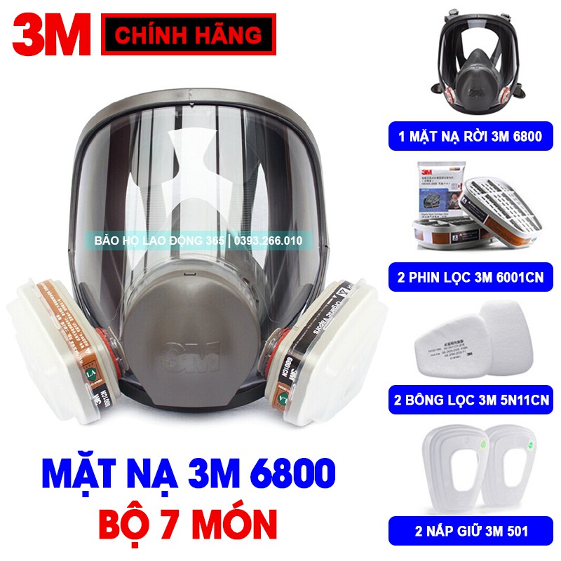 [CHÍNH HÃNG] Mặt Nạ Phòng Độc 3M 6800 Đầy Đủ 7 Món + Phin Lọc 3M 6001CN + Bông Lọc 3M 5N11CN + Nắp Giữ Bông Lọc 3M 501.