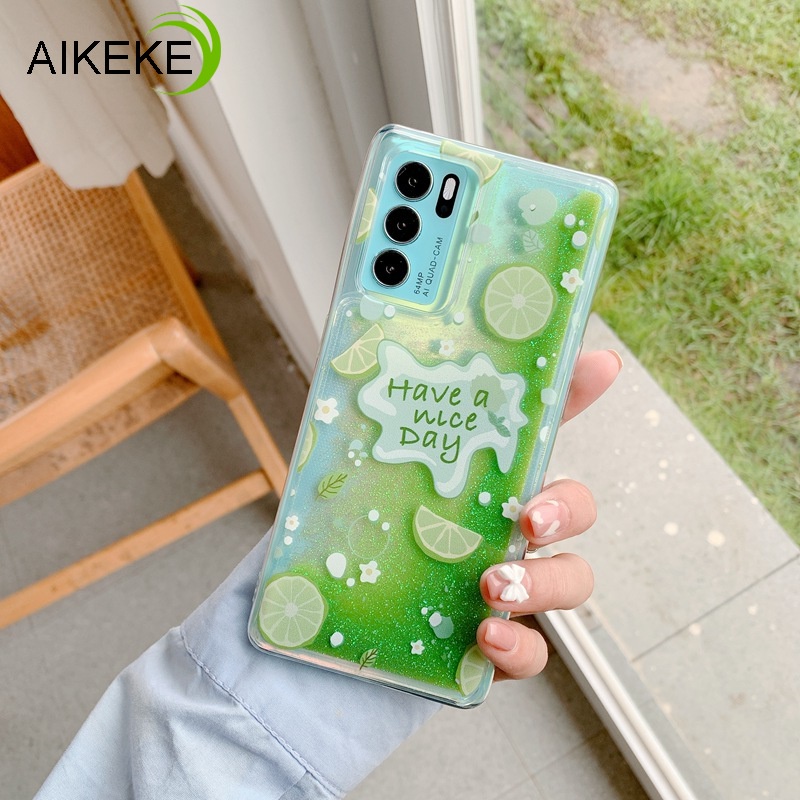 Ốp điện thoại kim tuyến nước họa tiết quả đào/chanh cho OPPO Reno 6 5 4 3 Pro SE 5G R17 R15X K1 R11 R11S R15 F11 Pro