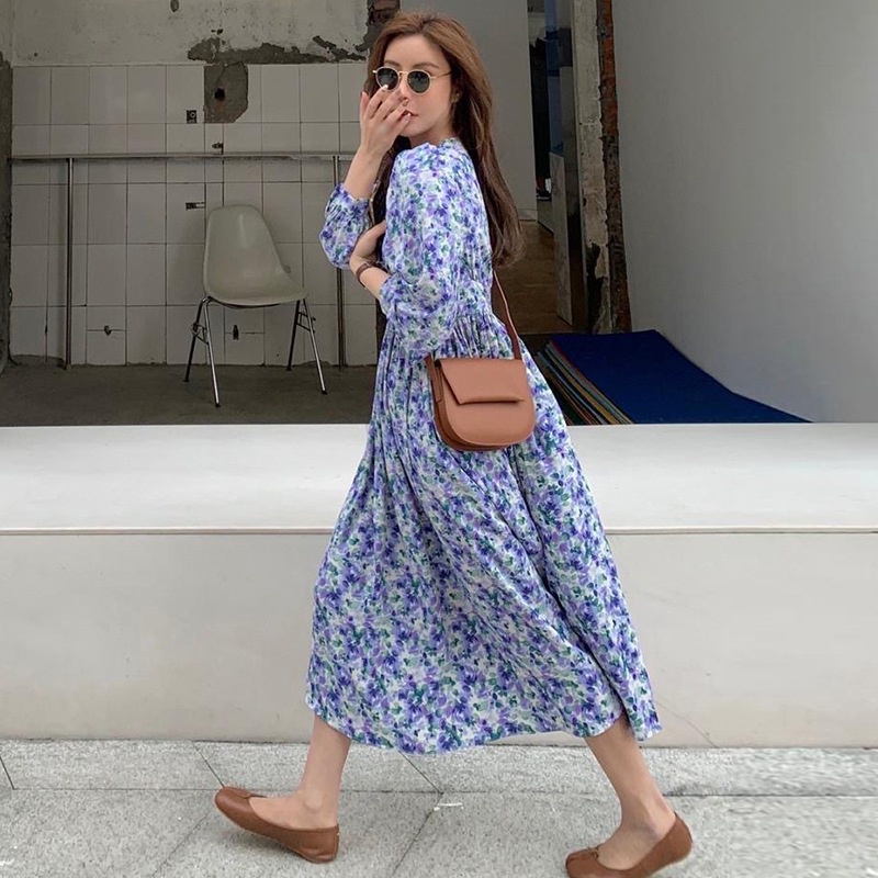 Đầm hoa tay dài cổ chữ V thời trang thanh lịch cho nữ