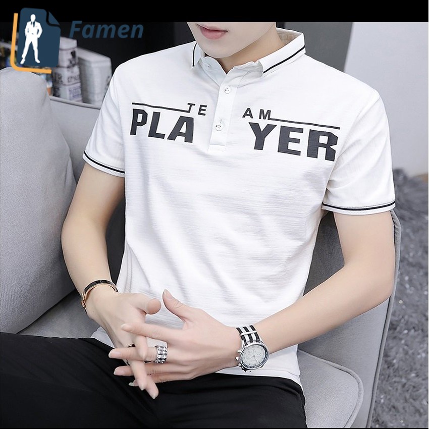 Áo Thun Nam Cổ Trụ Ngắn Tay Hàn Màu Trắng tại shop Famen | BigBuy360 - bigbuy360.vn