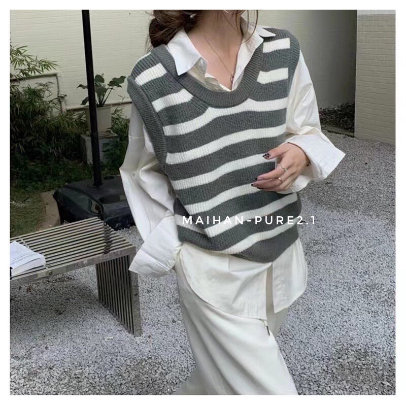 Áo gile kẻ sọc to 4 màu siêu hàn quốc