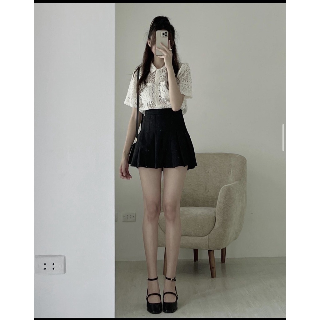 Áo sơ mi cổ đức ren EMIX (5 màu), dáng ngắn, cổ v, form ôm, cộc tay, túi ngực, chất ren mềm 29