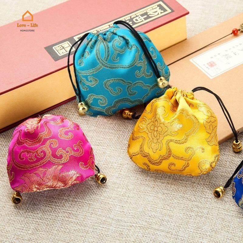 Túi đựng tiền xu bằng lụa thổ cẩm có dây rút