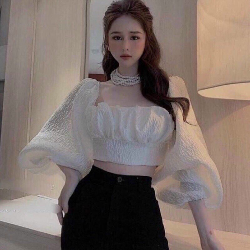 Áo Kiểu Cổ Vuông Tay Phồng Nơ Lưng Cực Xinh