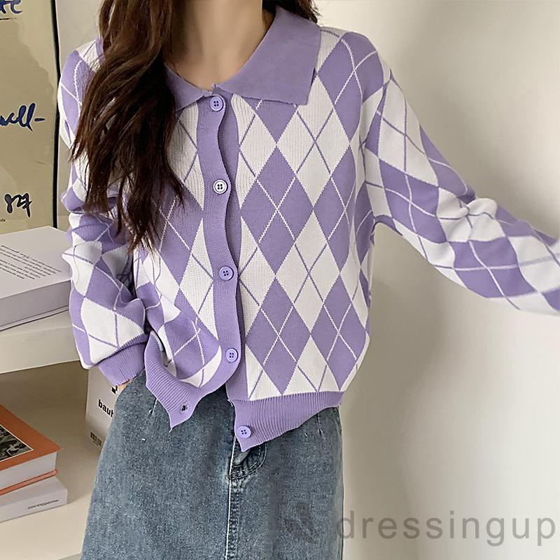 Áo dệt kim tay dài cổ bẻ in họa tiết hình thoi thời trang xuân thu