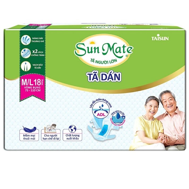 Tã dán siêu thấm Sun Mate M/L bịch 18 miếng dành cho người già