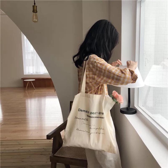 Túi tote vải canvas phong cách vintage Hàn Quốc Chữ Demain