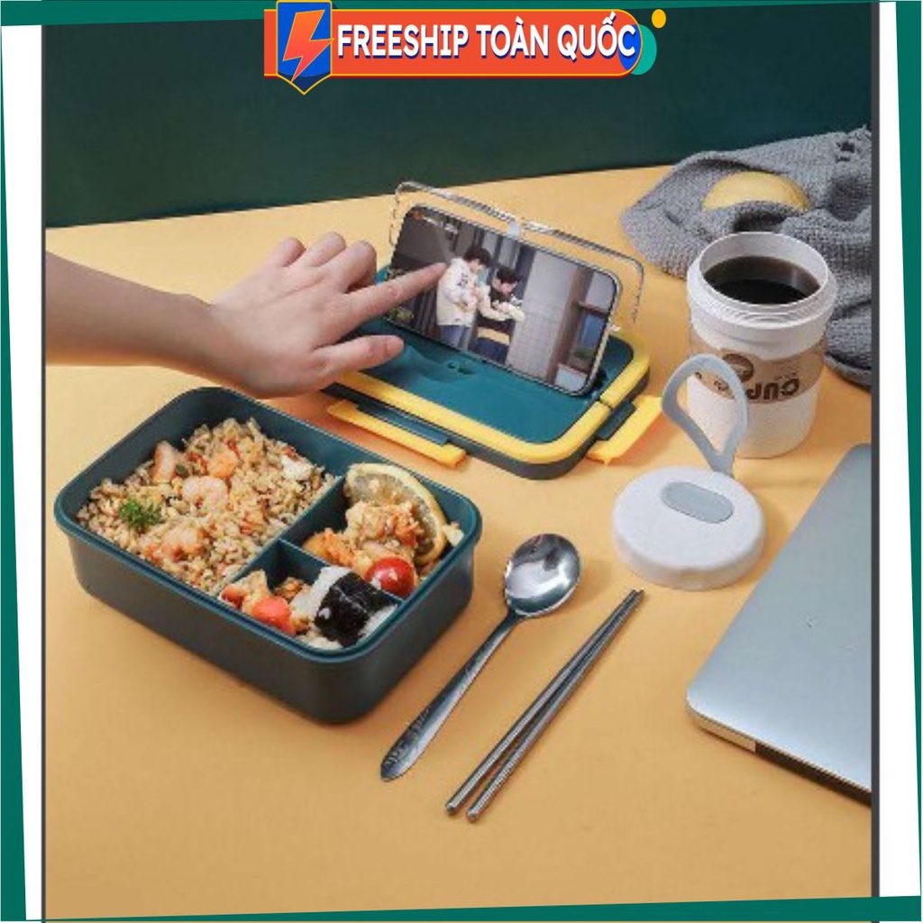 Hộp đựng cơm giữ nhiệt 3 ngăn Hàn Quốc kèm đũa muỗng