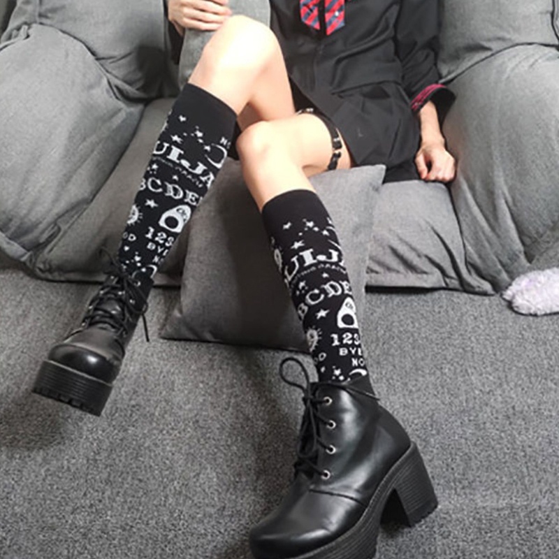 Vớ chân cao đến đầu gối in họa tiết trái tim trang trí nơ đính đá phong cách gothic punk lolita cho nữ