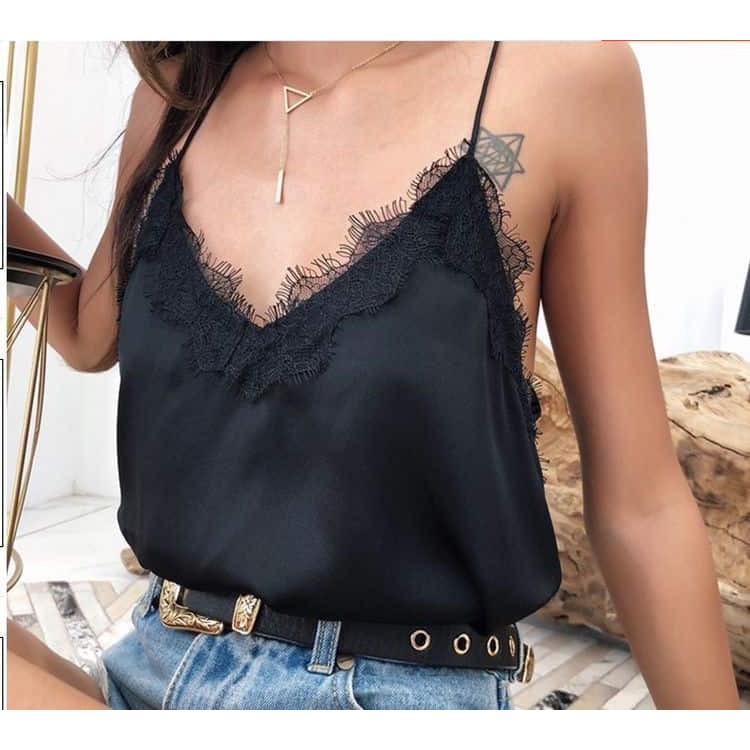 Áo Lace V-Neck Dây Tròn Lụa Thô