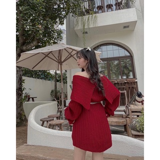 Váy trễ vai gập vạt len lông thỏ
