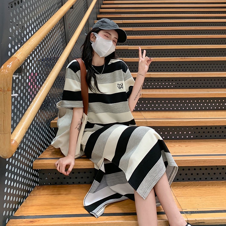 Đầm Tay Ngắn Họa Tiết Kẻ Sọc Phong Cách Hàn Quốc Thời Trang Mùa Thu Xinh Xắn Cho Nữ