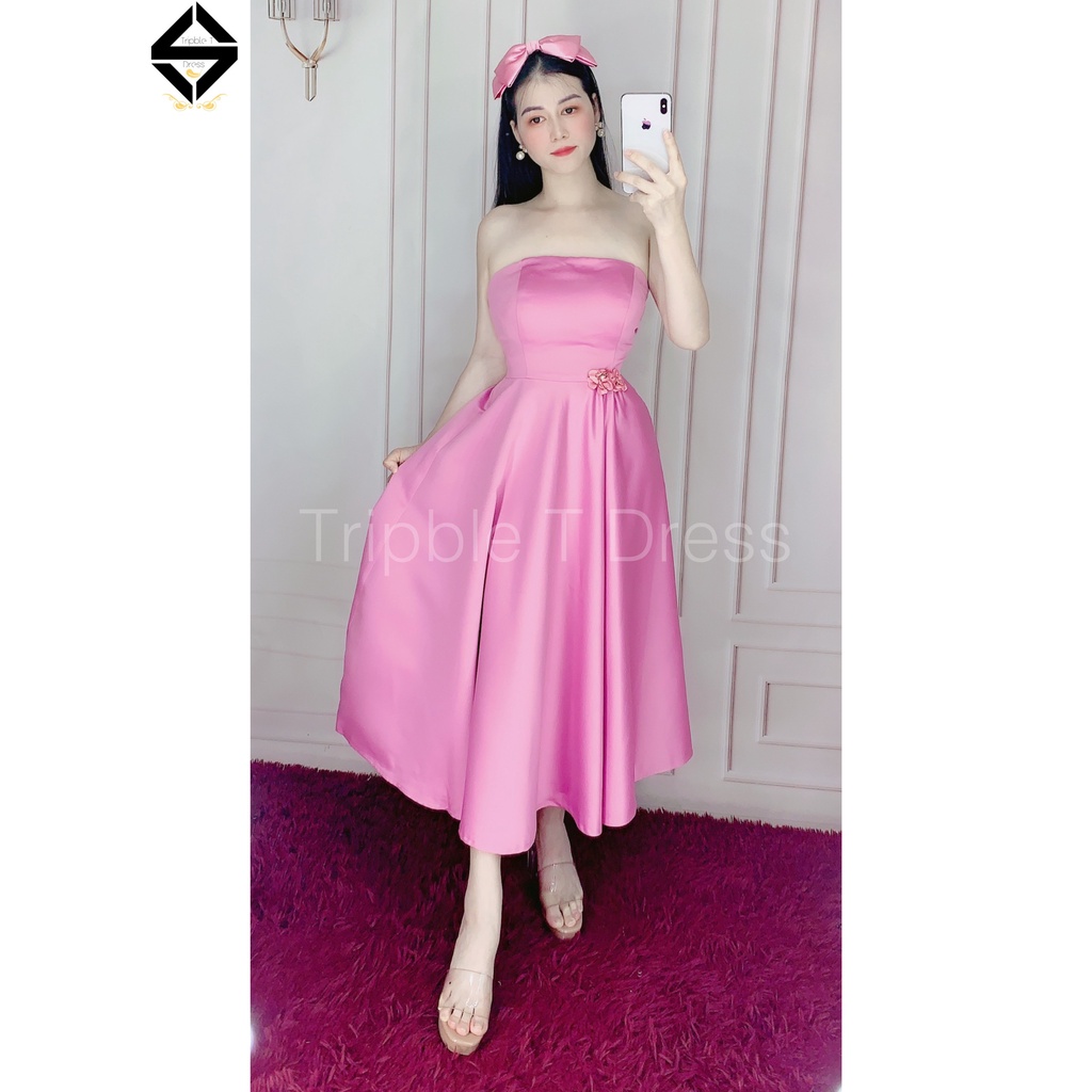 Đầm xoè cúp ngực phối hoa eo chất lụa taffeta sang trọng TRIBLE T DRESS - size M/L - MS241V