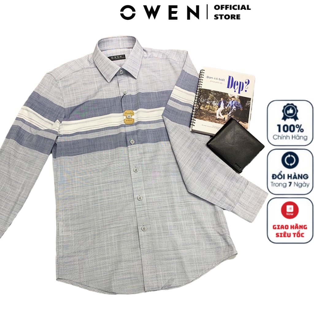 Áo Sơ Mi Nam Dài Tay Owen AS23314D Somi Công Sở Cao Cấp Màu Ghi Xám Kẻ Ngang Dáng Ôm Không Túi Chất Sợi Tre Mềm Mát