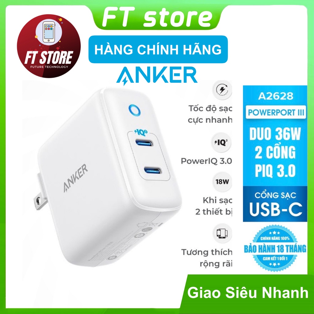 [GIAO HÀNG NHANH] Sạc Anker PowerPort III Duo 36W 2 cổng PIQ 3.0 - A2628