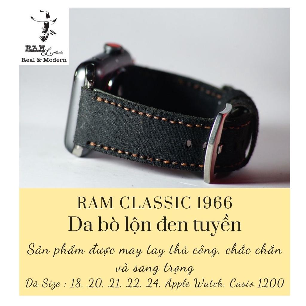 Dây đồng hồ RAM Leather vintage 1966 da bò lộn đen tuyền cao cấp
