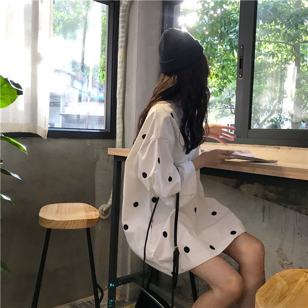 ĐẦM ULZZANG ĐẦM CHẤM BI TAY DÀI ĐẦM SUÔNG