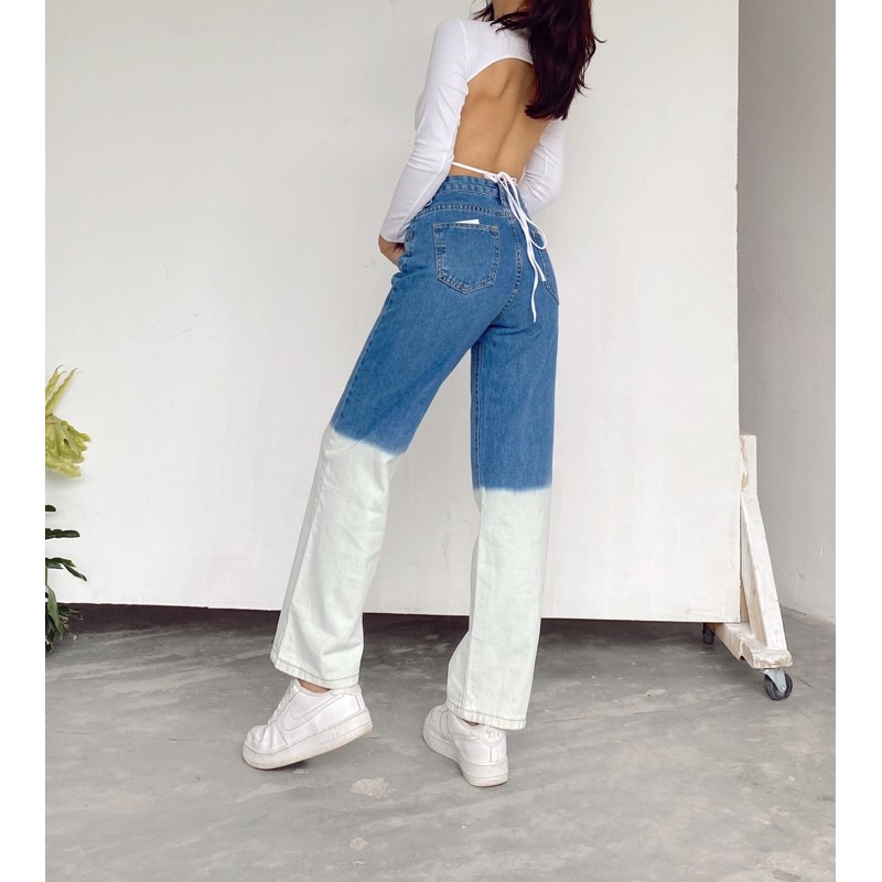 Jeans dáng suôn cạp cao xanh ombre Mia Ritta J450 ảnh thật
