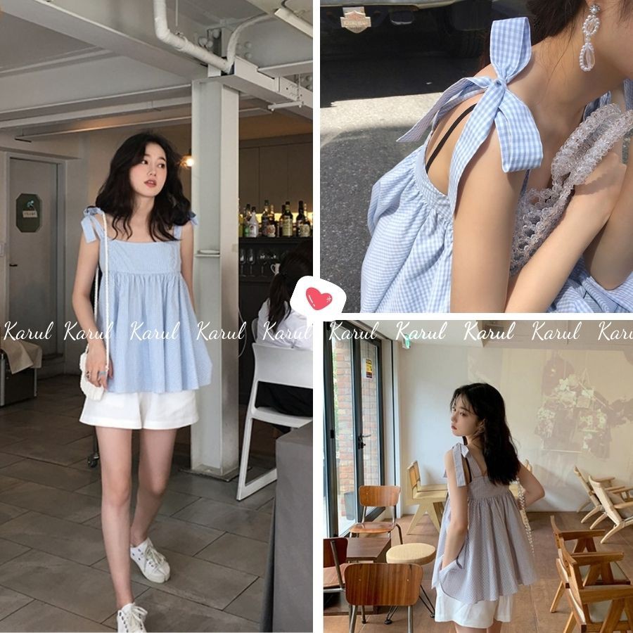 Set đồ nữ áo 2 dây kẻ xanh buộc nơ vai babydoll kèm quần đùi trắng, Set đồ nữ áo hai dây kẻ xanh mix quần shorts đũi