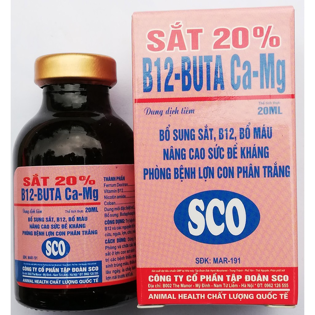 1 lọ Sắt 20% B12-BUTA Ca-Mg 20ml Bổ sung sắt, B12, Bổ máu, nâng cao sức đề khánh, phòng bệnh lợn con phân trắng