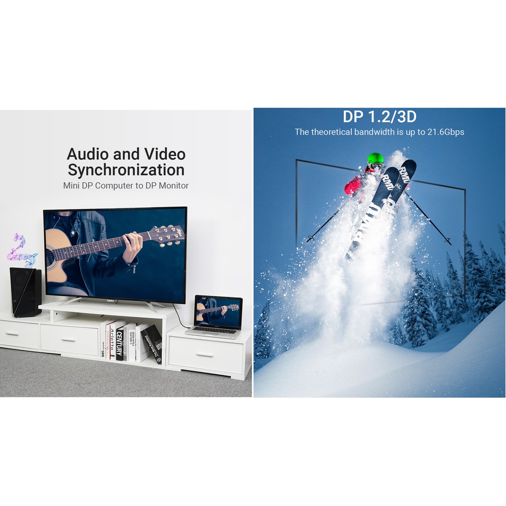 [Mini DP to DP] Cáp chuyển đổi 2 chiều Mini DP và DP 4K@60Hz Vention HAABG